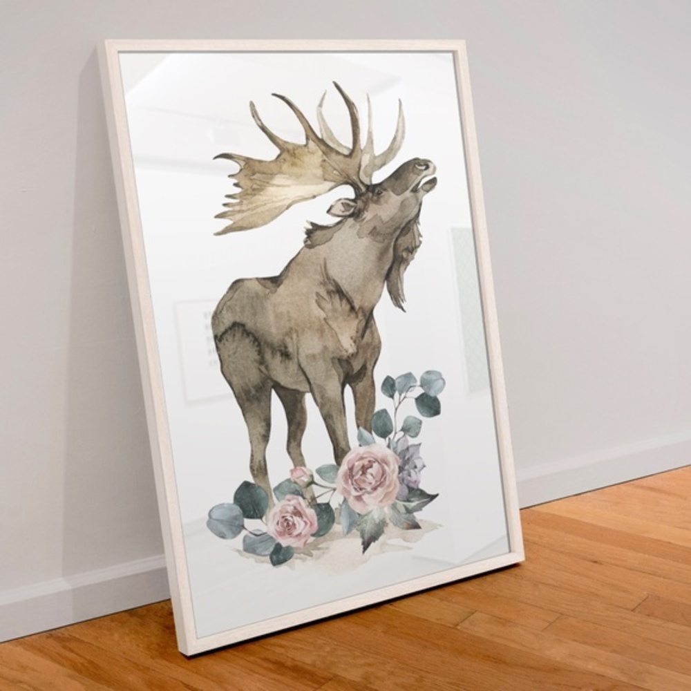 Watercolor Floral Moose Elk Deer Portrait Wall Art Illustration Print Unframed - Picture 4 of 17